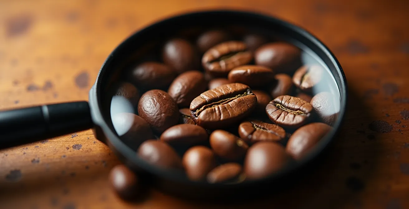 Loupe grossissante examinant des grains de café avec reflets dorés