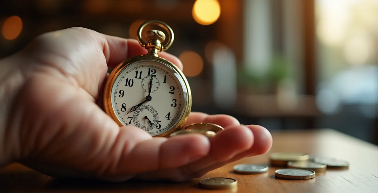 Main tenant un chronomètre avec pièces de monnaie s'écoulant comme du sable