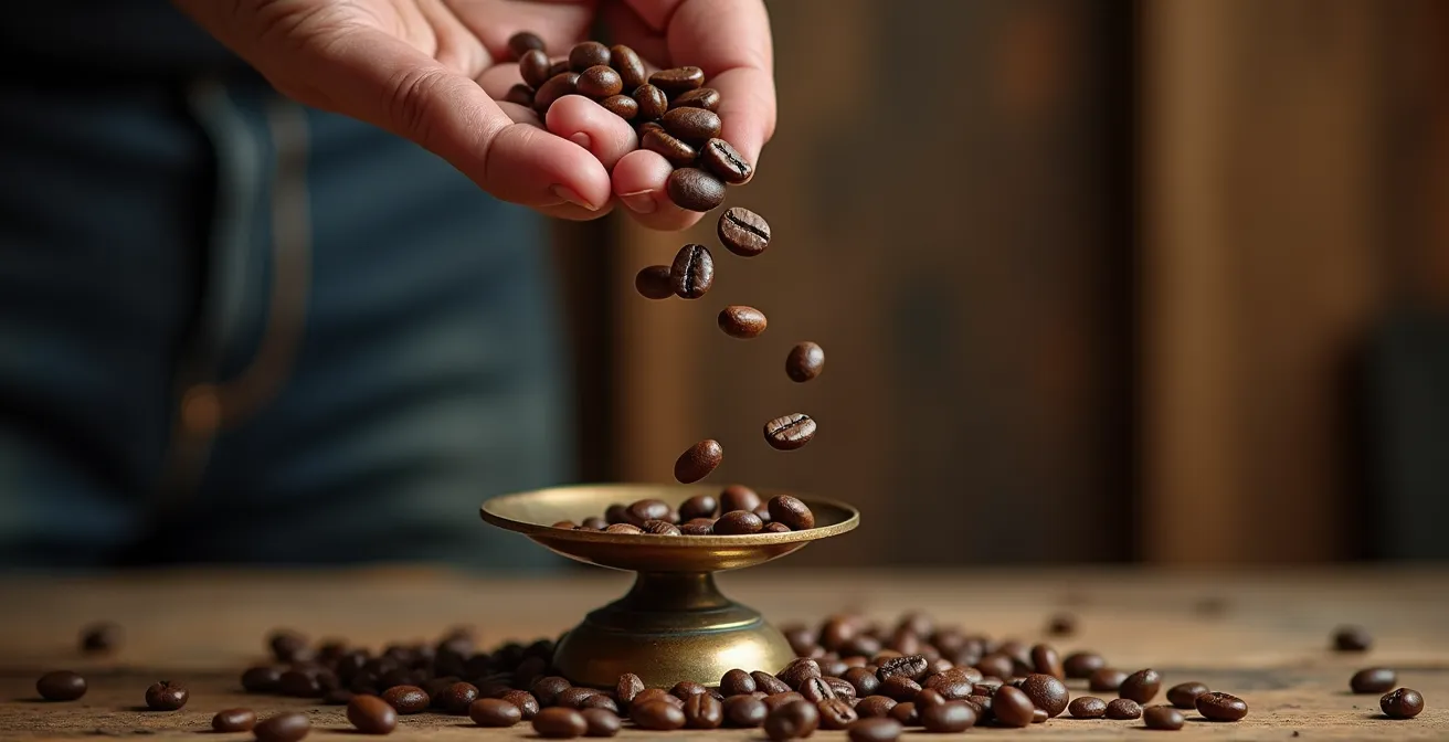 Main versant des grains de café sur une balance de précision