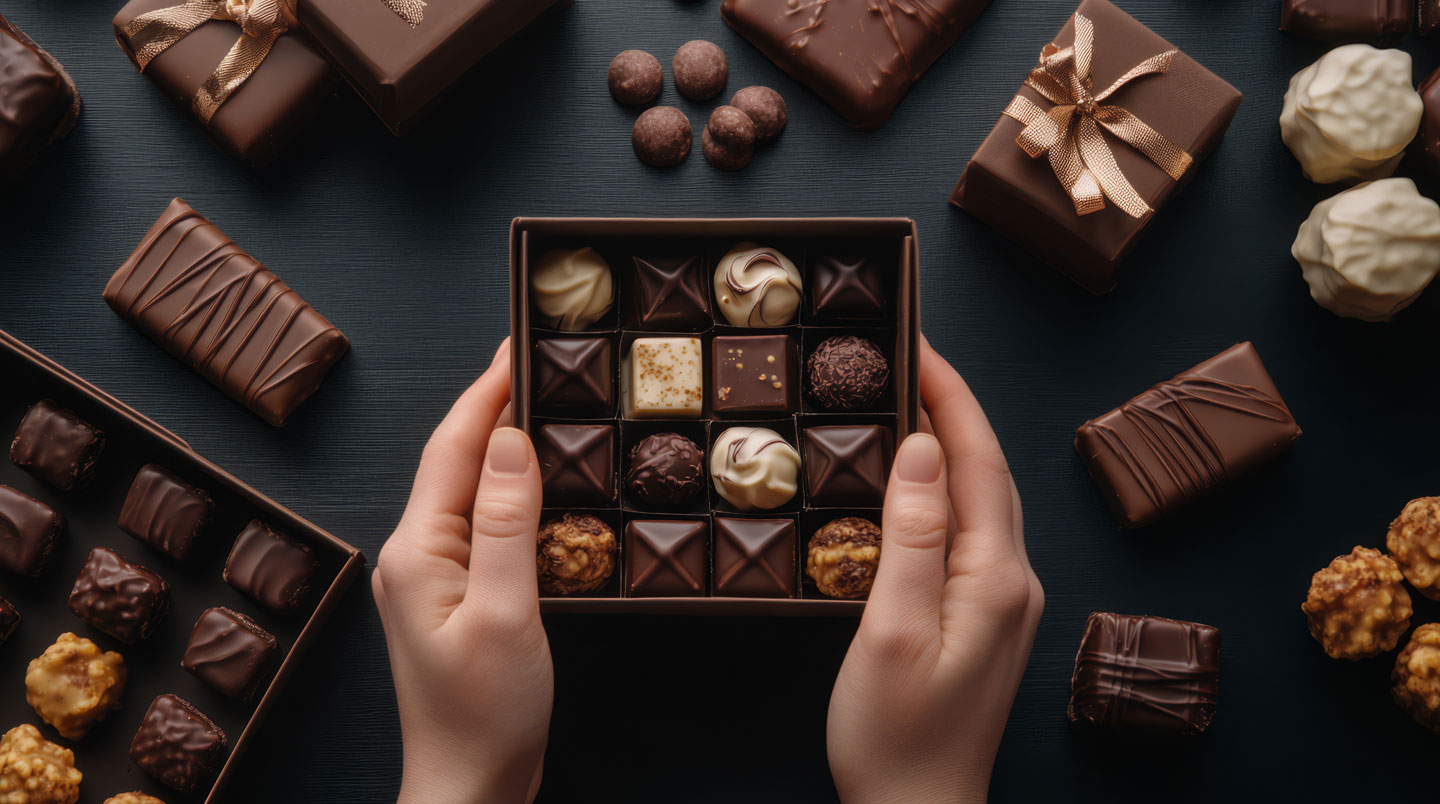 Cliente dans une chocolaterie française élégante en train de sélectionner des chocolats fins dans un présentoir vitré, accompagnée par une vendeuse