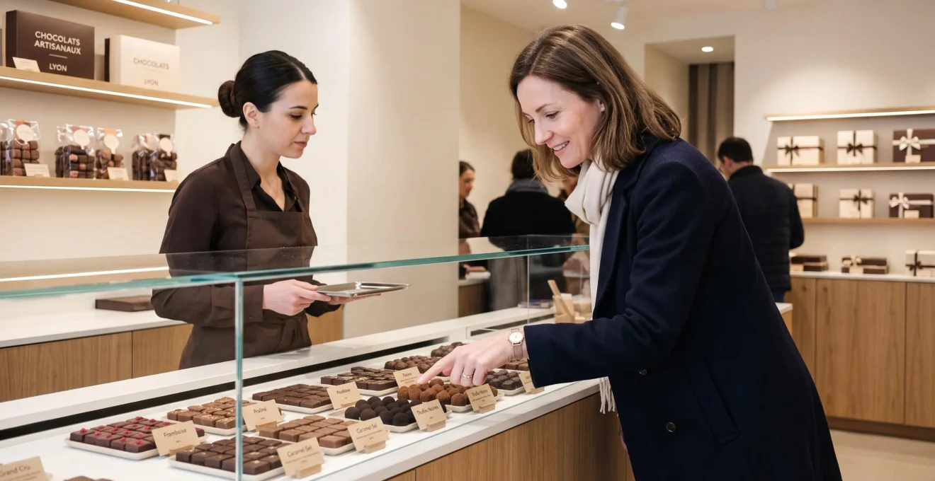 Cliente dans une chocolaterie française élégante en train de sélectionner des chocolats fins dans un présentoir vitré, accompagnée par une vendeuse