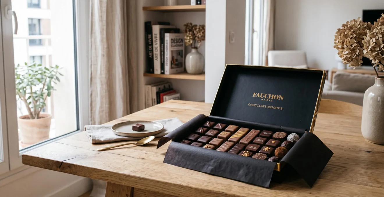 Coffret de chocolats fins FAUCHON ouvert sur une table en bois clair, montrant un assortiment de ganaches, pralinés et mini-tablettes dans un intérieur français lumineux