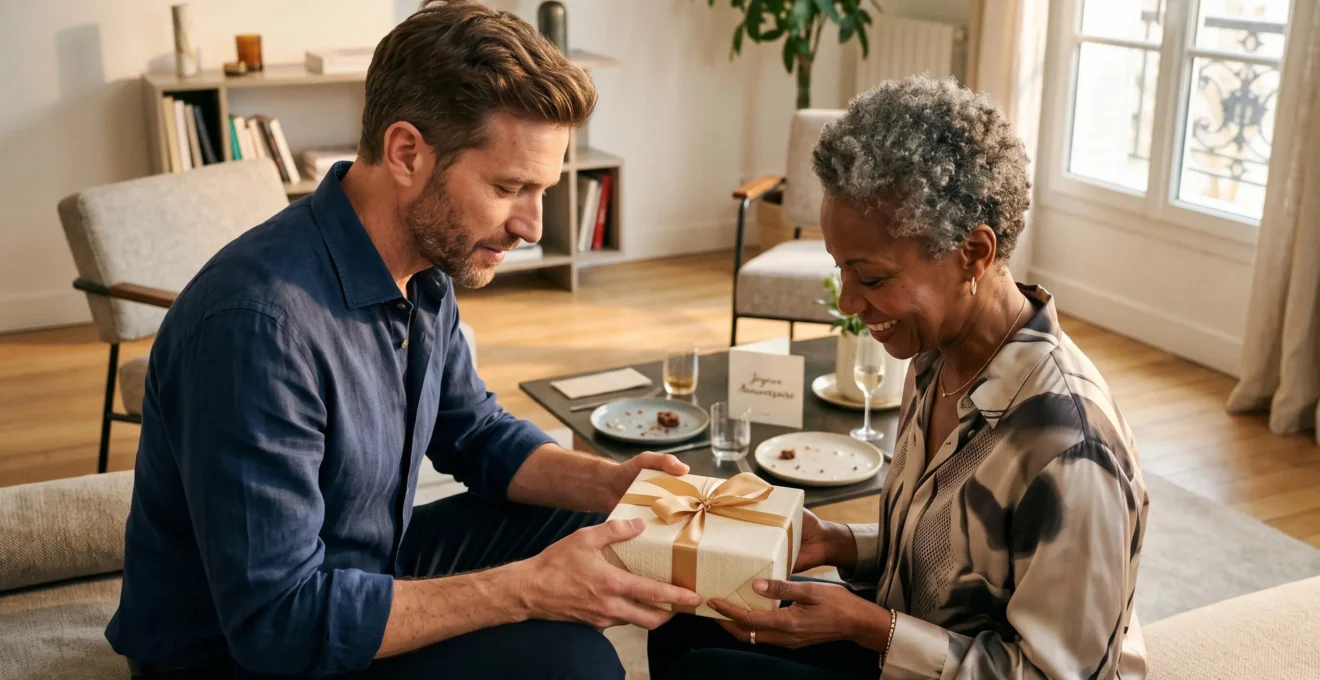 Homme offrant un coffret chocolat élégamment emballé à une femme souriante lors d'un anniversaire dans un intérieur français moderne et lumineux